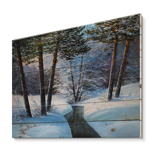 Designart Christmas Forest with River & Trees III Print on Natural Pine Wood